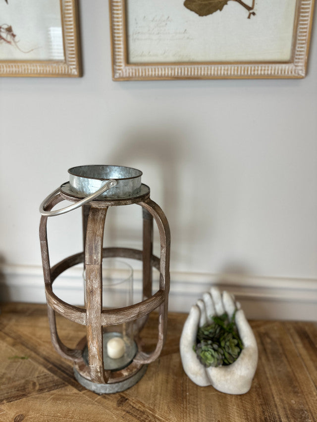 Wood lantern With Metal Base For Garden Or Living Room