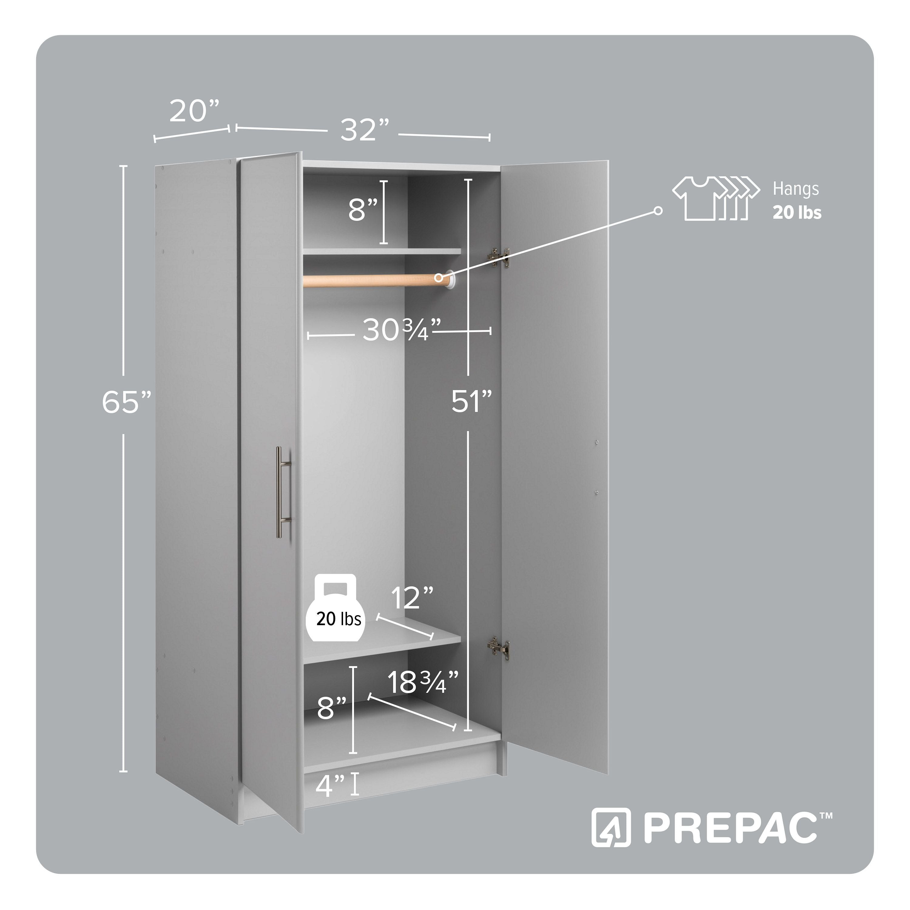 Elite 32 inch Wardrobe Cabinet, Gray (GEW-3264)