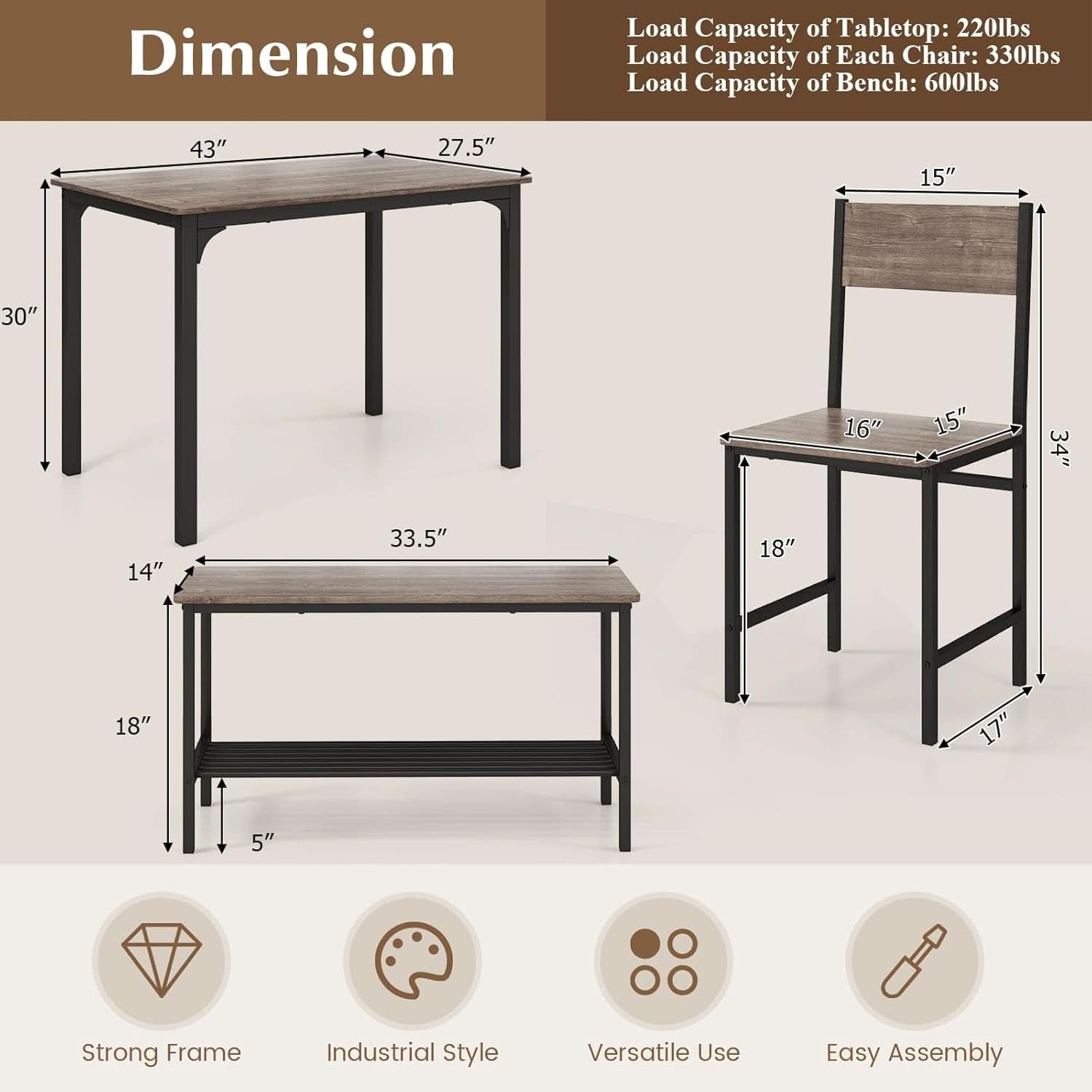 Stainless Steel Space Saving Dining Room Table Set Four