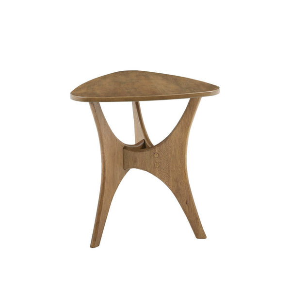 Triangle Wood Side Table with sculptural wooden base and triangular top, perfect for modern accent table use.