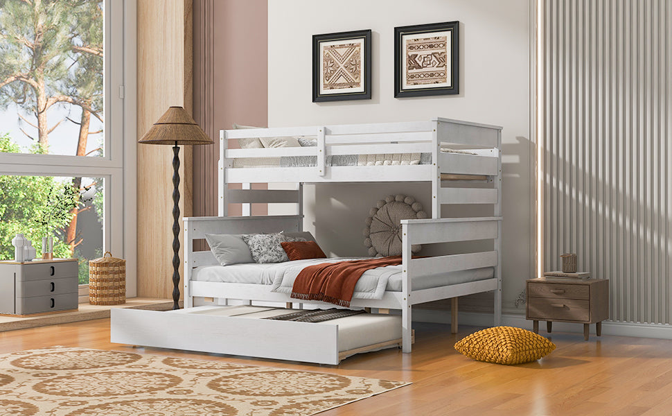 Wood Twin over Full Bunk Bed with Twin Size Trundle  White