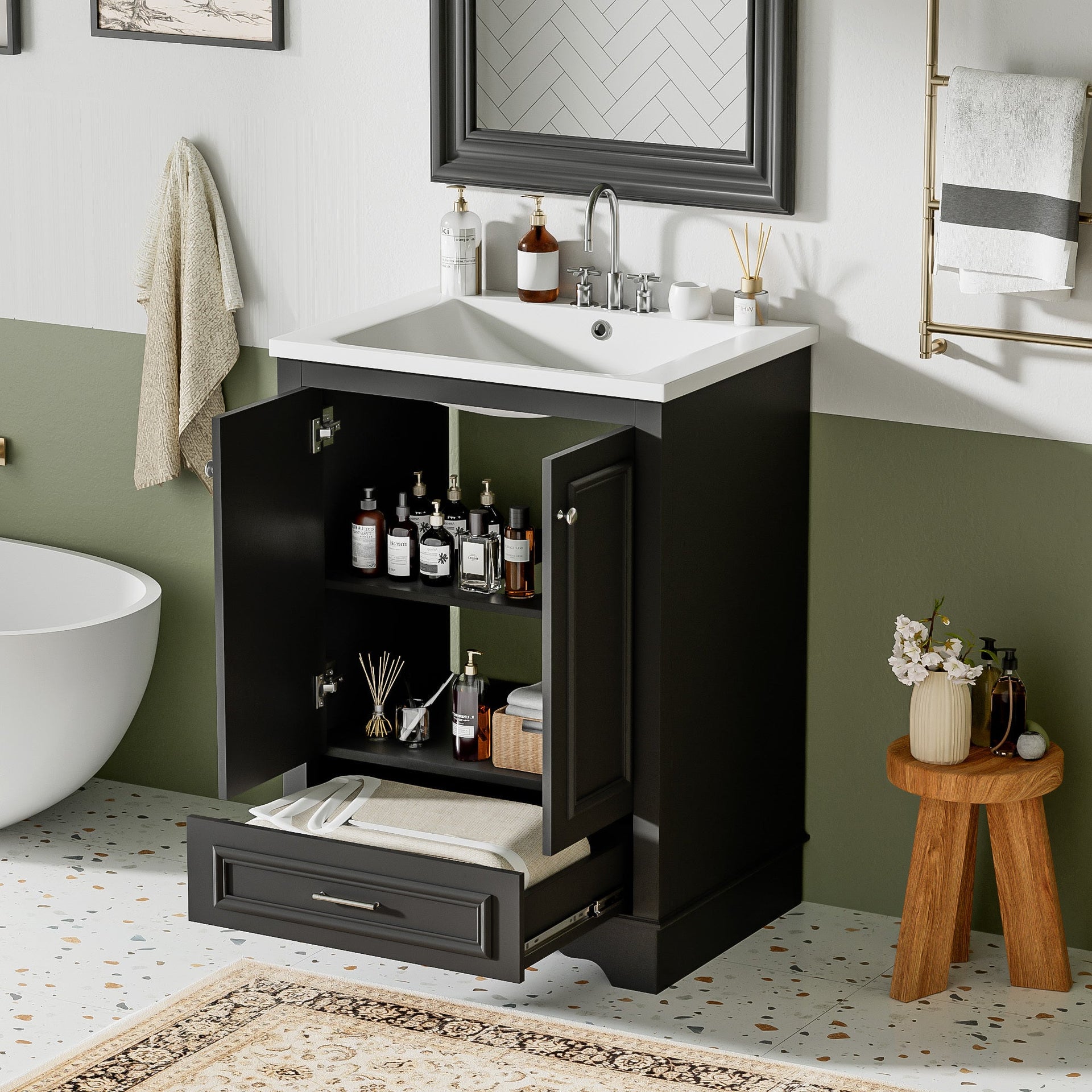 Bathroom Vanity with Ceramic Sink and Modern Freestanding Storage Cabinet, Soft-Close Doors