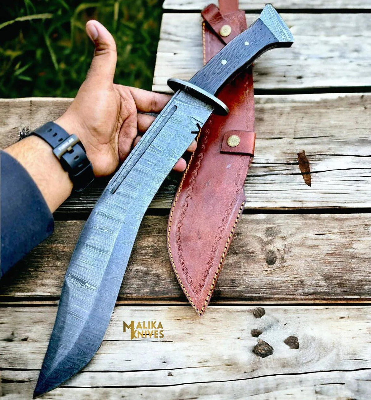 Damascus Kukri Bowie Knife Wenge Wood Full Tang