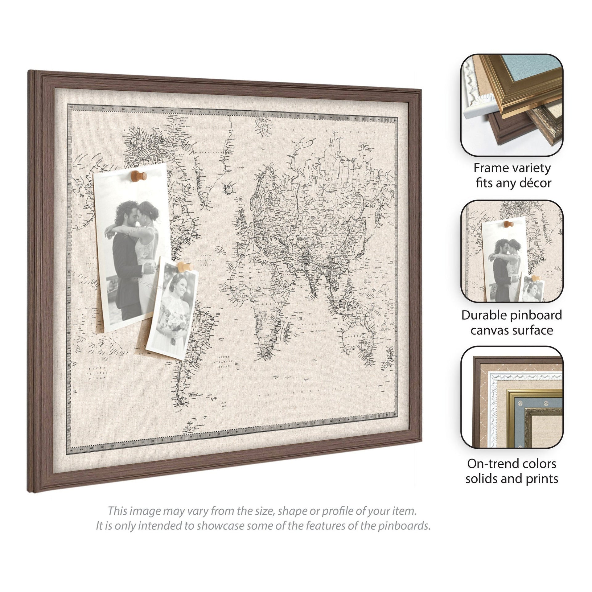 Framed Fabric Pinboard Vintage Black and White Linen World Map Wall Organization