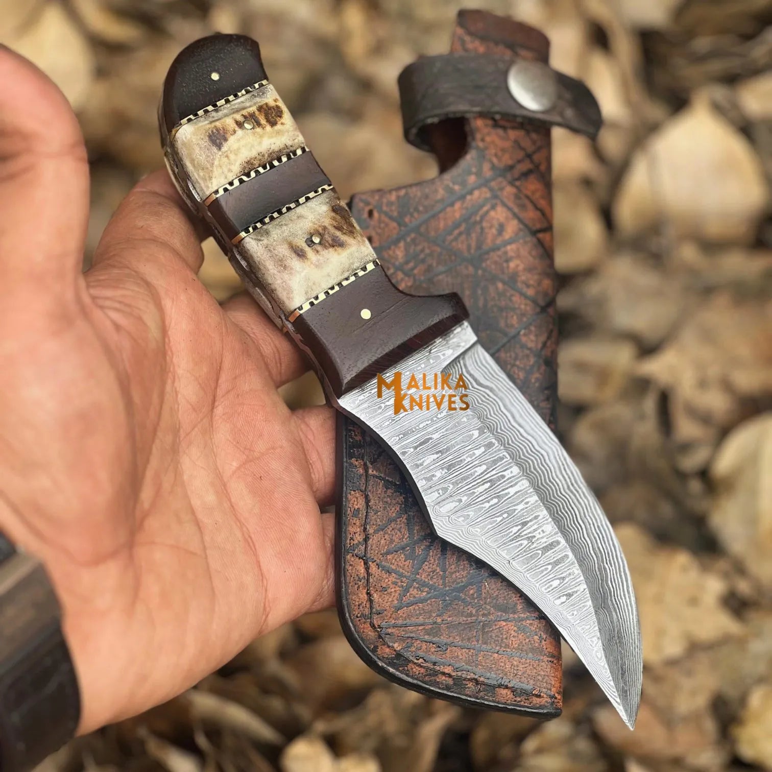 SS Damascus Stag Skinner Knife with Custom Leather Sheath-0047