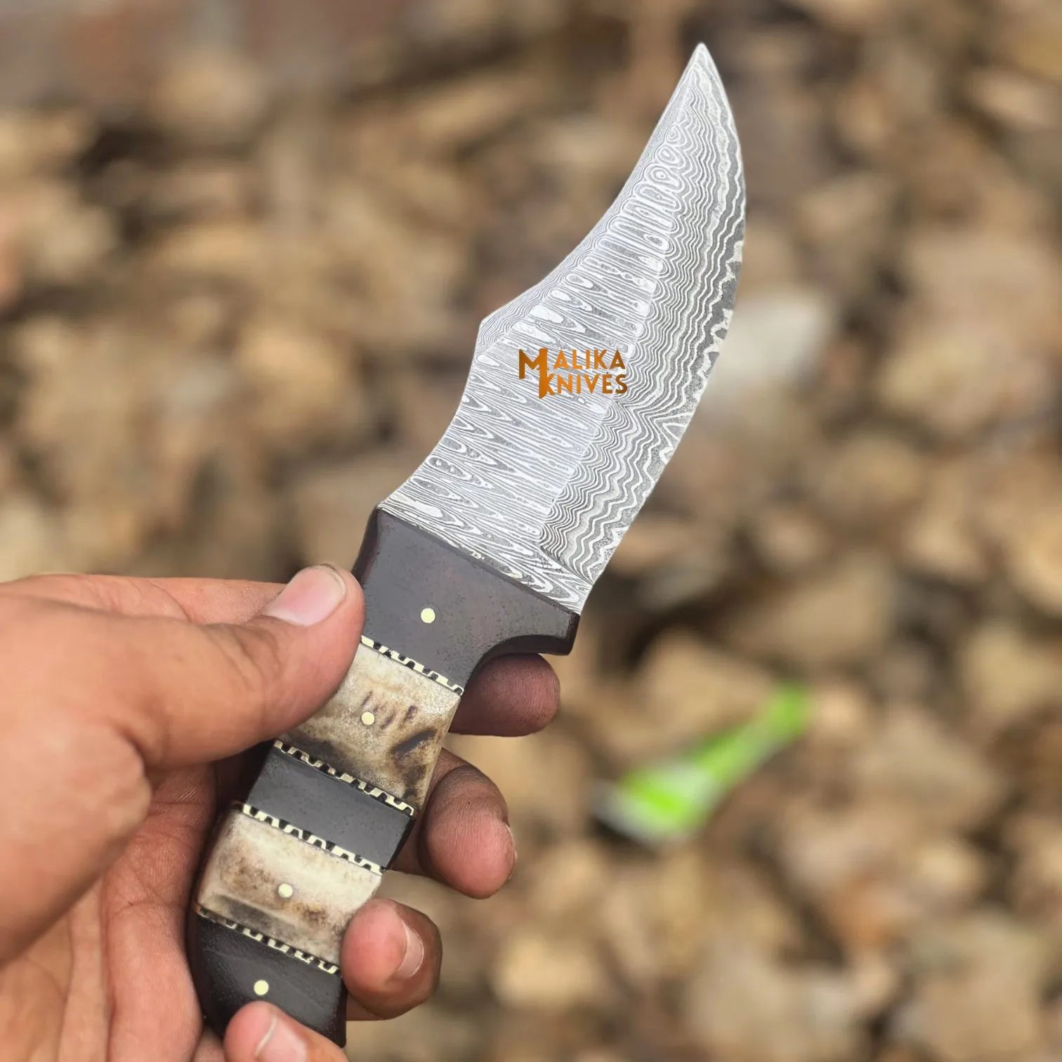 SS Damascus Stag Skinner Knife with Custom Leather Sheath-0047