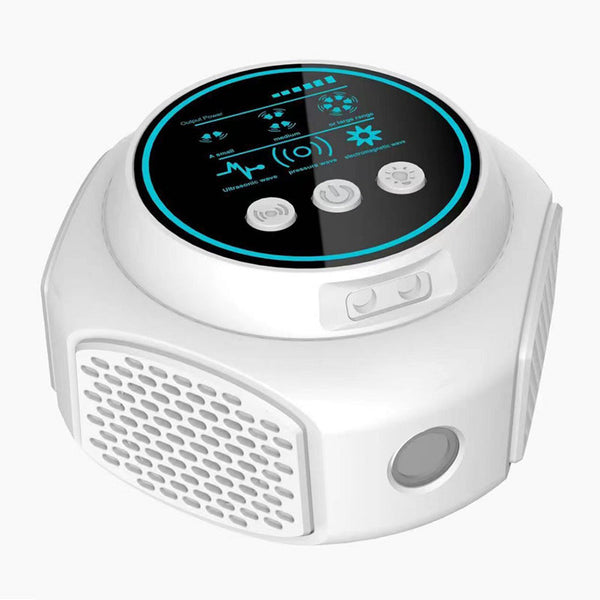 4-in-1 ultrasonic rodent repellent, 360° electronic rat repellent, repels indoor flies, cockroaches & mosquitoes.