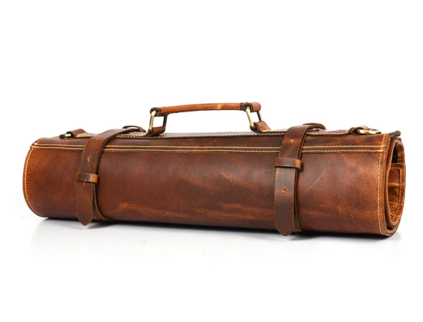 Aurora Leather Knife Roll 10 Slot - Stress Brown - Gifts for You 'n Me