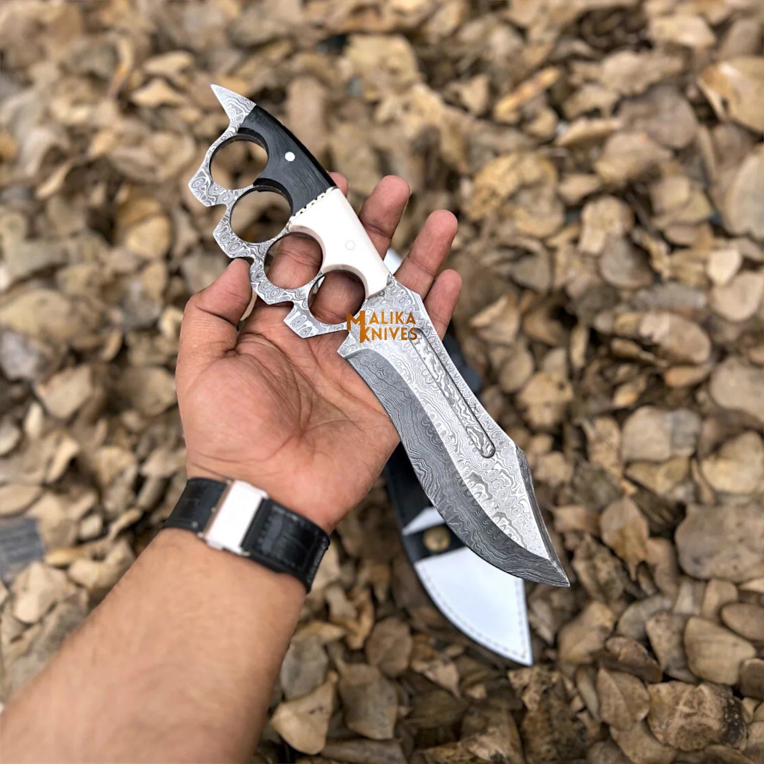 Damascus Knuckle Bowie Knife Resin Handle Leather Sheath