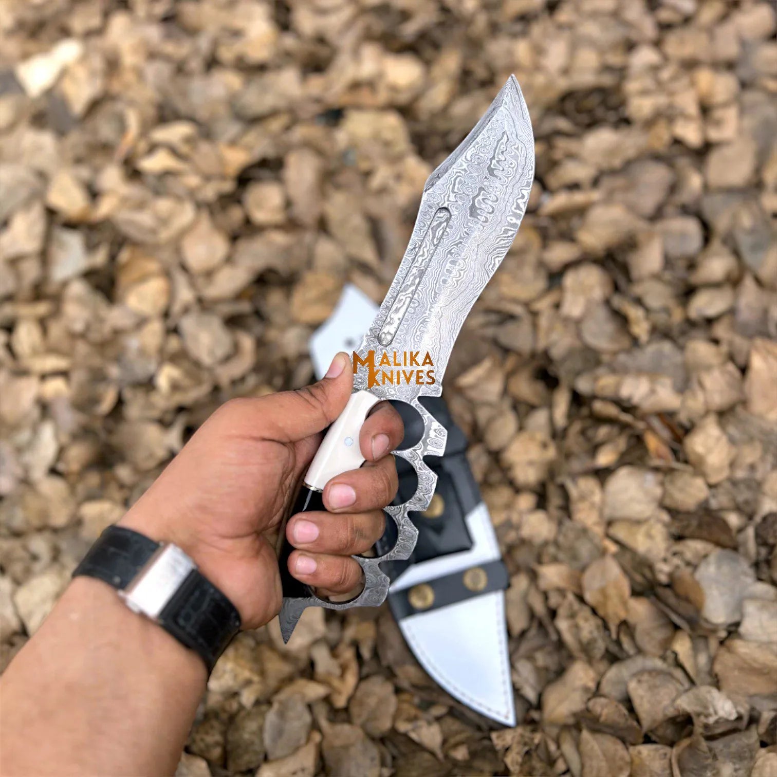 Damascus Knuckle Bowie Knife Resin Handle Leather Sheath