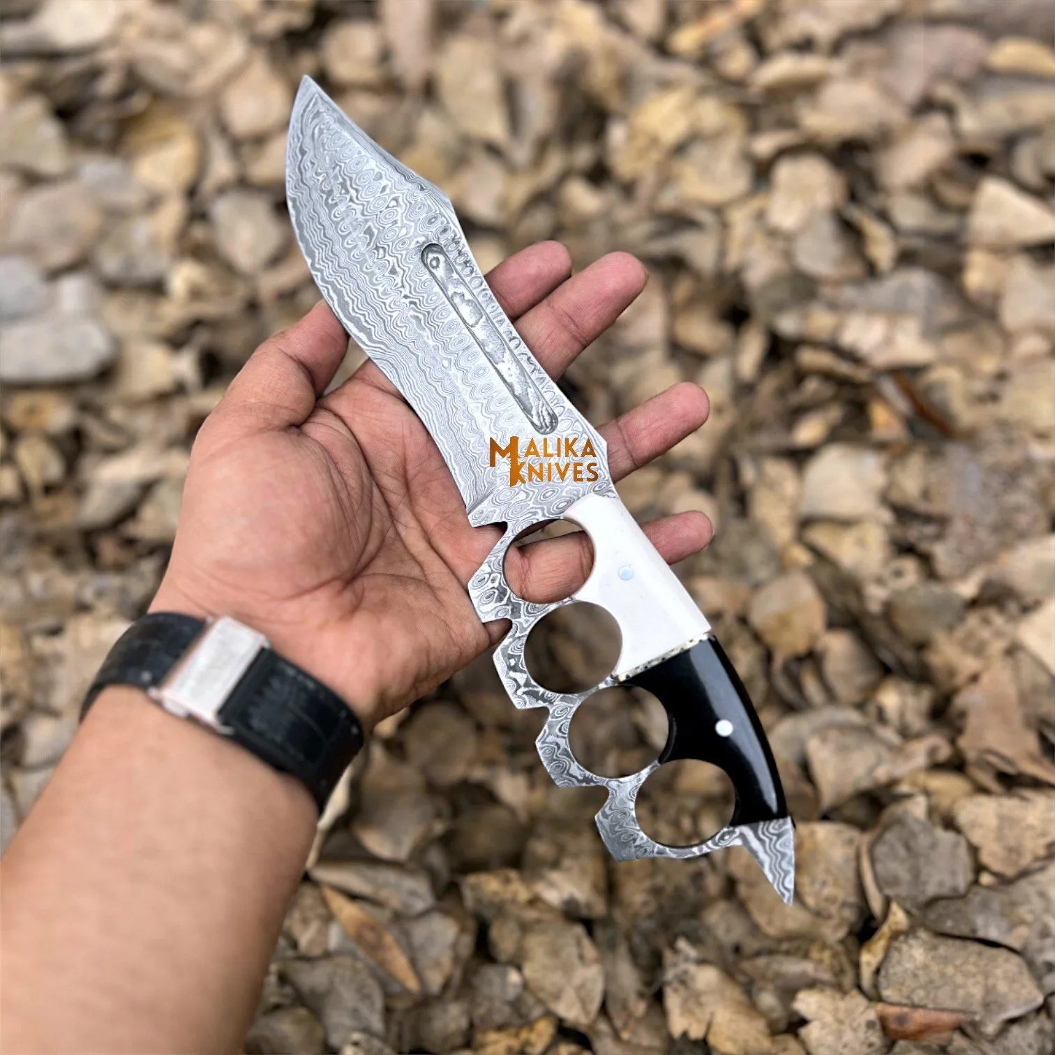 Damascus Knuckle Bowie Knife Resin Handle Leather Sheath