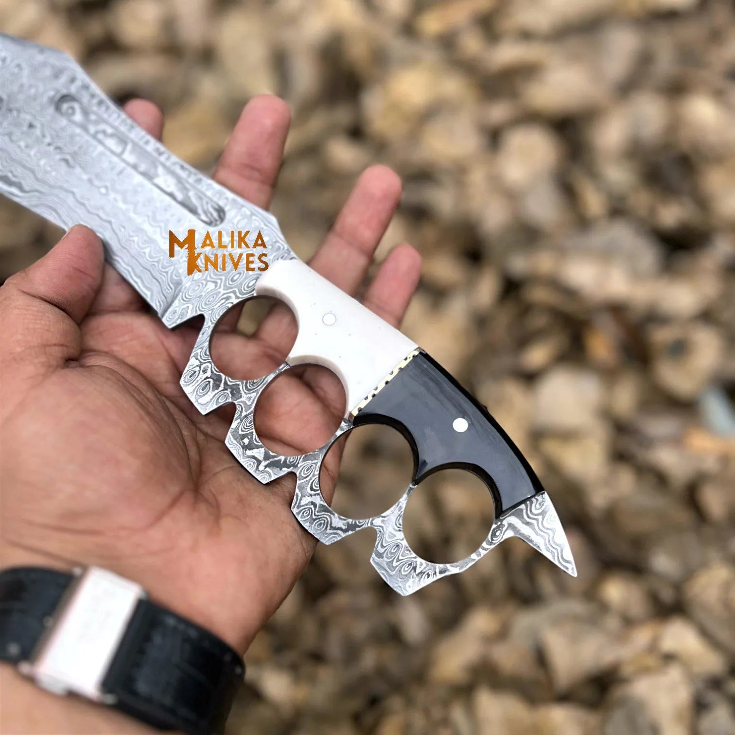 Damascus Knuckle Bowie Knife Resin Handle Leather Sheath