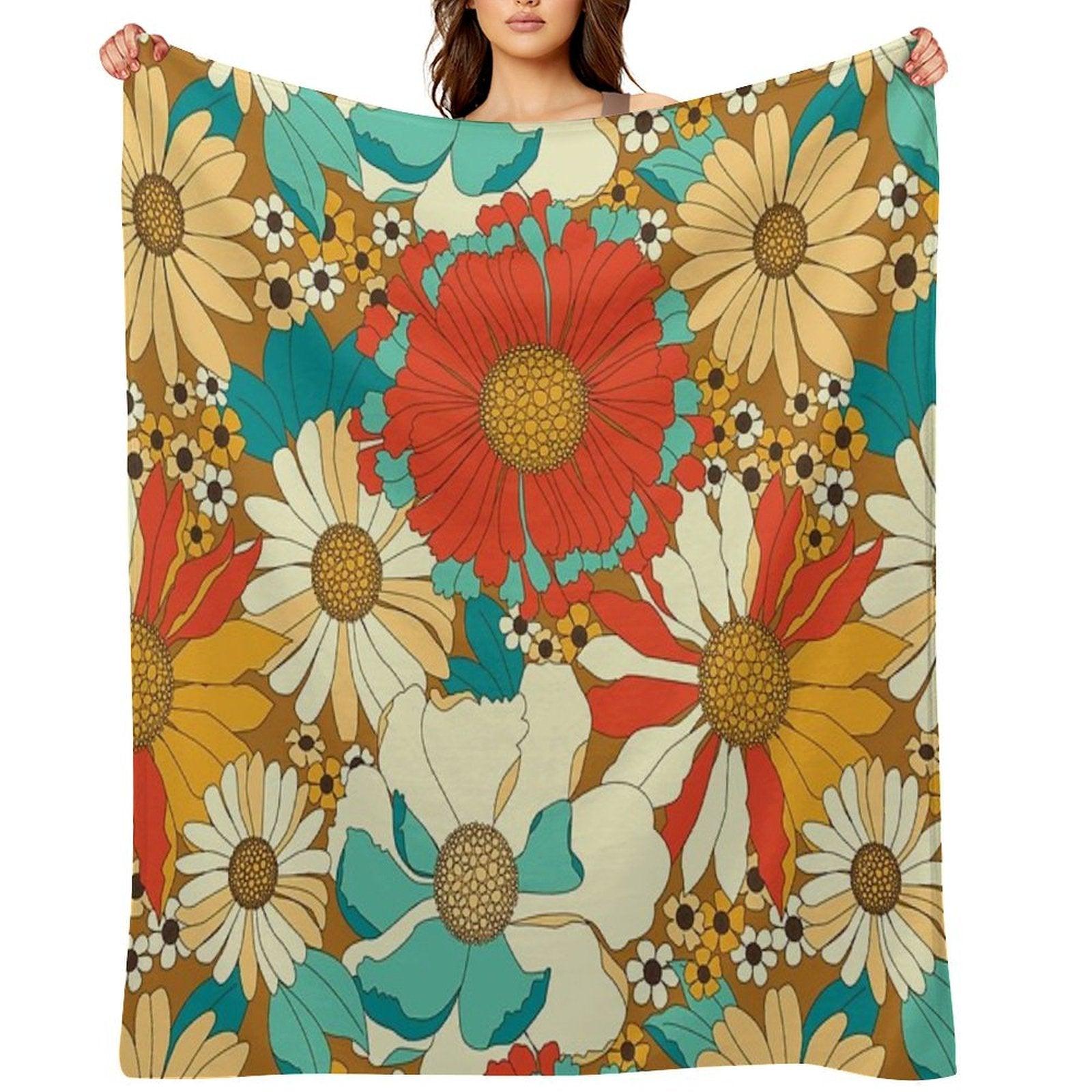 Red, Orange, Turquoise & Brown Retro Floral Pattern Throw Blanket