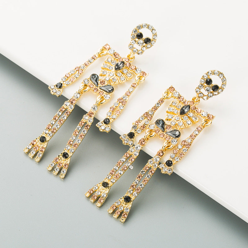 European and American style skull skeleton alloy inlaid rhinestone earrings female personality long exaggerated earrings earrings