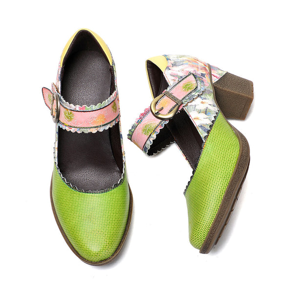 Women's Spring Heels Dress Shoes Party Round Toe Elegant Cowhide Loafer Green Pumps