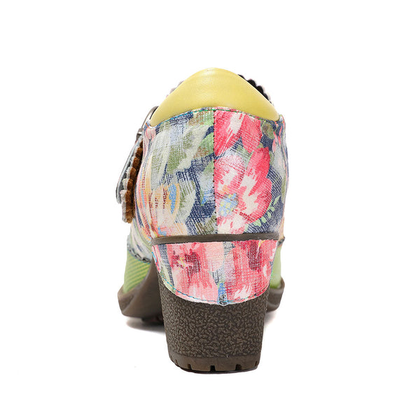 Women's Spring Heels Dress Shoes Party Round Toe Elegant Cowhide Loafer Green Pumps