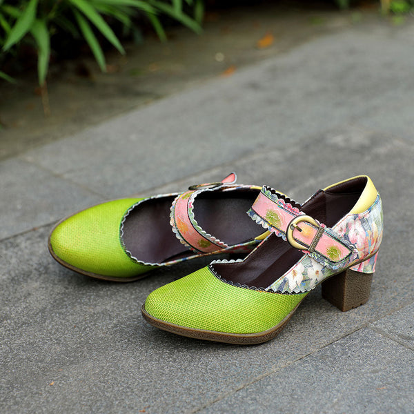 Women's Spring Heels Dress Shoes Party Round Toe Elegant Cowhide Loafer Green Pumps