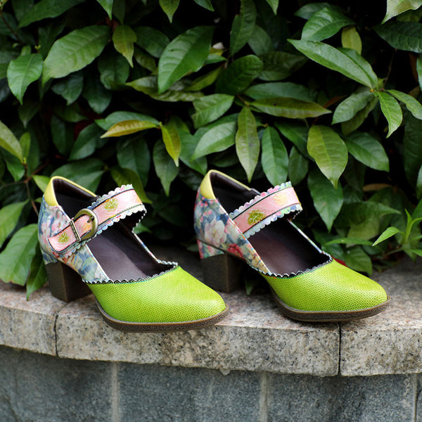 Women's Spring Heels Dress Shoes Party Round Toe Elegant Cowhide Loafer Green Pumps