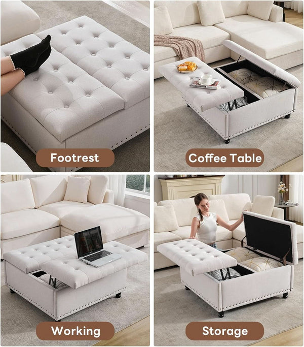 Beige Oversized Storage Ottoman Featuring Lift Top