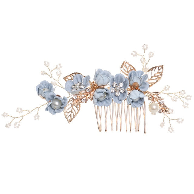 Luxury Blue Flower Hair Combs Headdress Prom Bridal Wedding Hair Accessories Gold Leaves Hair Jewelry Hair Pins