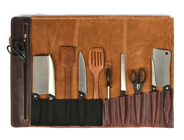 Bend Leather Chef Knife Roll 10 Slot - Walnut Brown - Gifts for You 'n Me