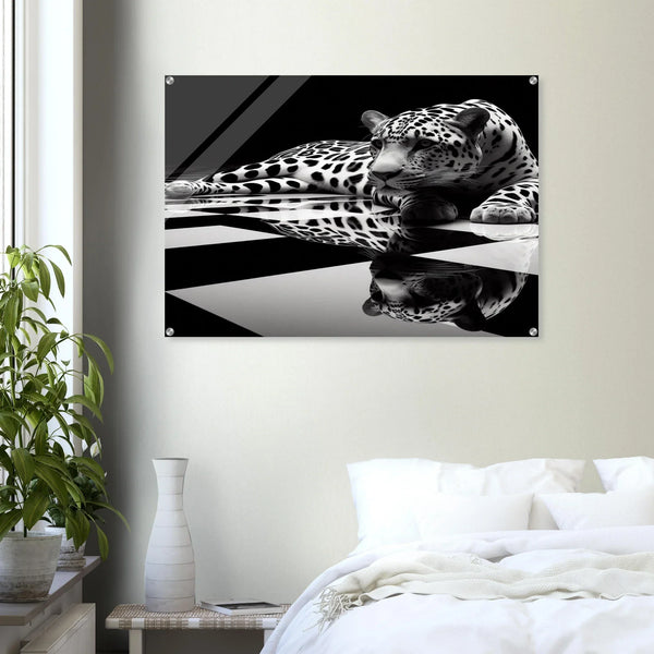 Leopard Acrylic Print on Black and White Checkered Floor – Glossy Finish Wall Art