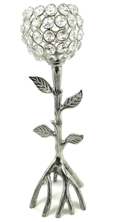 Vibhsa Silver Tree Hurricane Crystal Candle Holder | 13.2