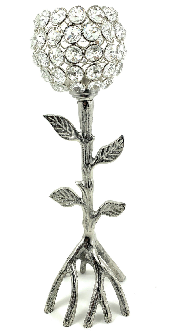 Vibhsa Silver Tree Hurricane Crystal Candle Holder | 13.2