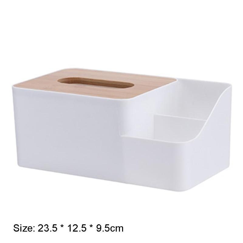 Multi-functional Plastic Tissue Box with Bamboo Wooden Cover Phone Slot Home Kitchen Napkin Case Holder Storage Decoration