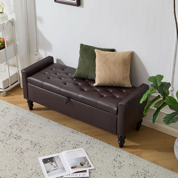 Brown Genuine Leather Storage Ottoman Bench Bedside