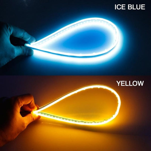 60cm New Slim Amber Sequential Flexible LED DRL For Headlight Strip Daytime Running Light With Yellow Turn Signal Lamp 12V