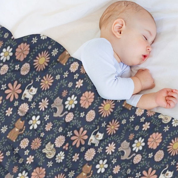 Flower Meower (Navy) Travel-friendly Throw Blanket