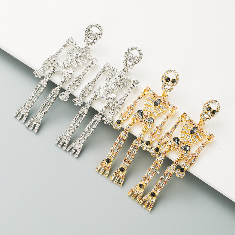 European and American style skull skeleton alloy inlaid rhinestone earrings female personality long exaggerated earrings earrings