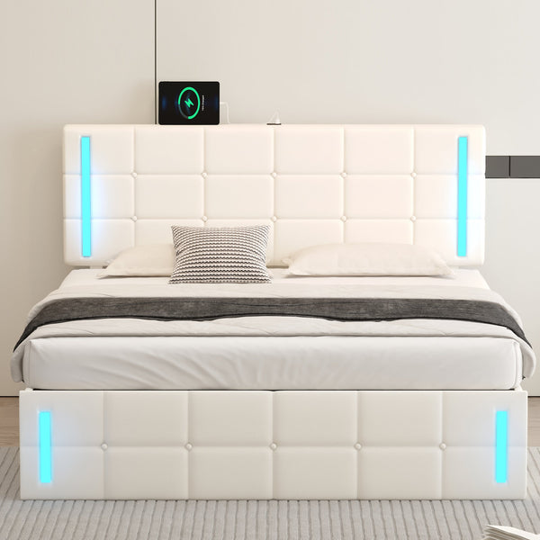 Queen Size Upholstered Bed with LED Lights,Hydraulic Storage System and USB Charging Station,White V.I.P Digital Presence