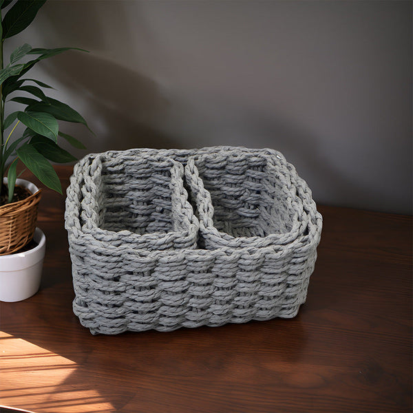 3-Piece Handmade Straw-Woven Paper-Rope Storage Baskets (Decorative & Office Use)