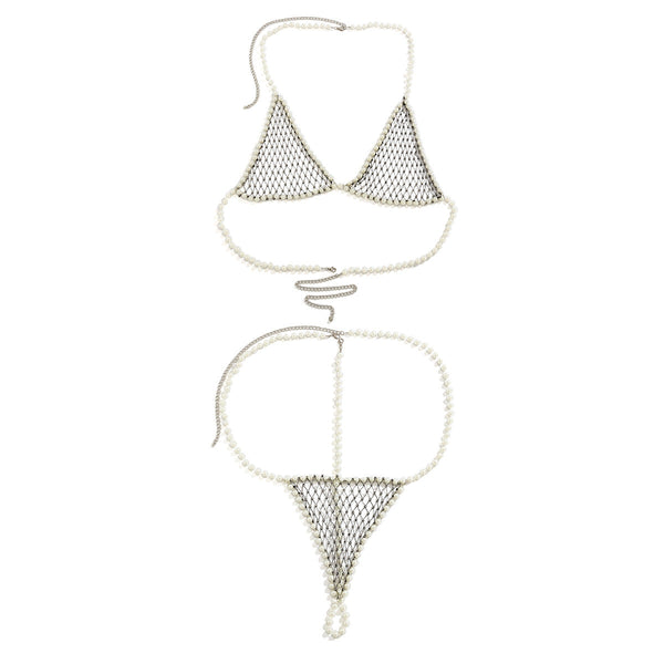 Women's sexy and simple imitation pearl woven chest chain set, new creative fishing net waist chain