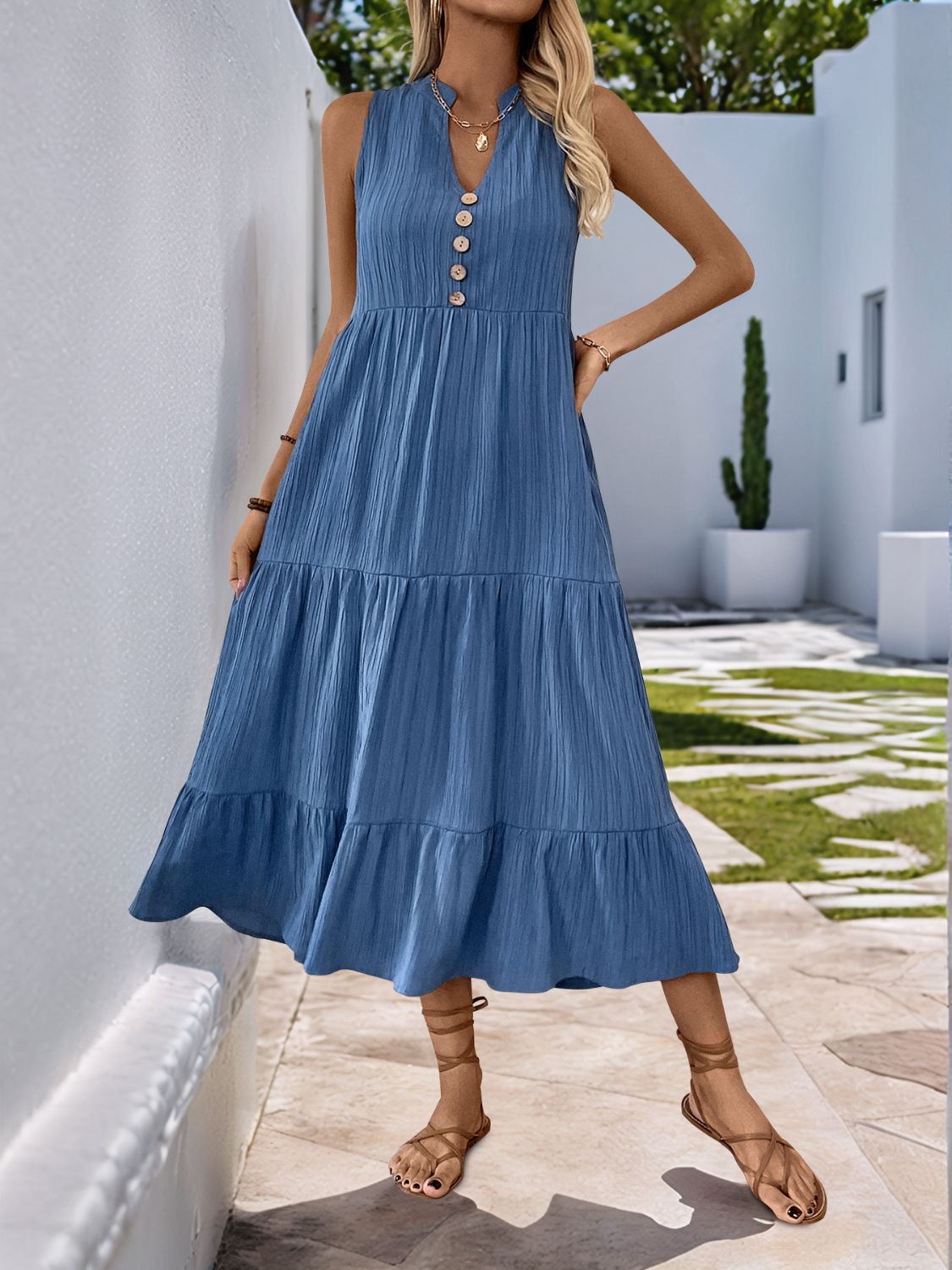 Decorative Dusty Blue Button Notched Sleeveless Dress Elegant & Feminine Style Long Dress For Women