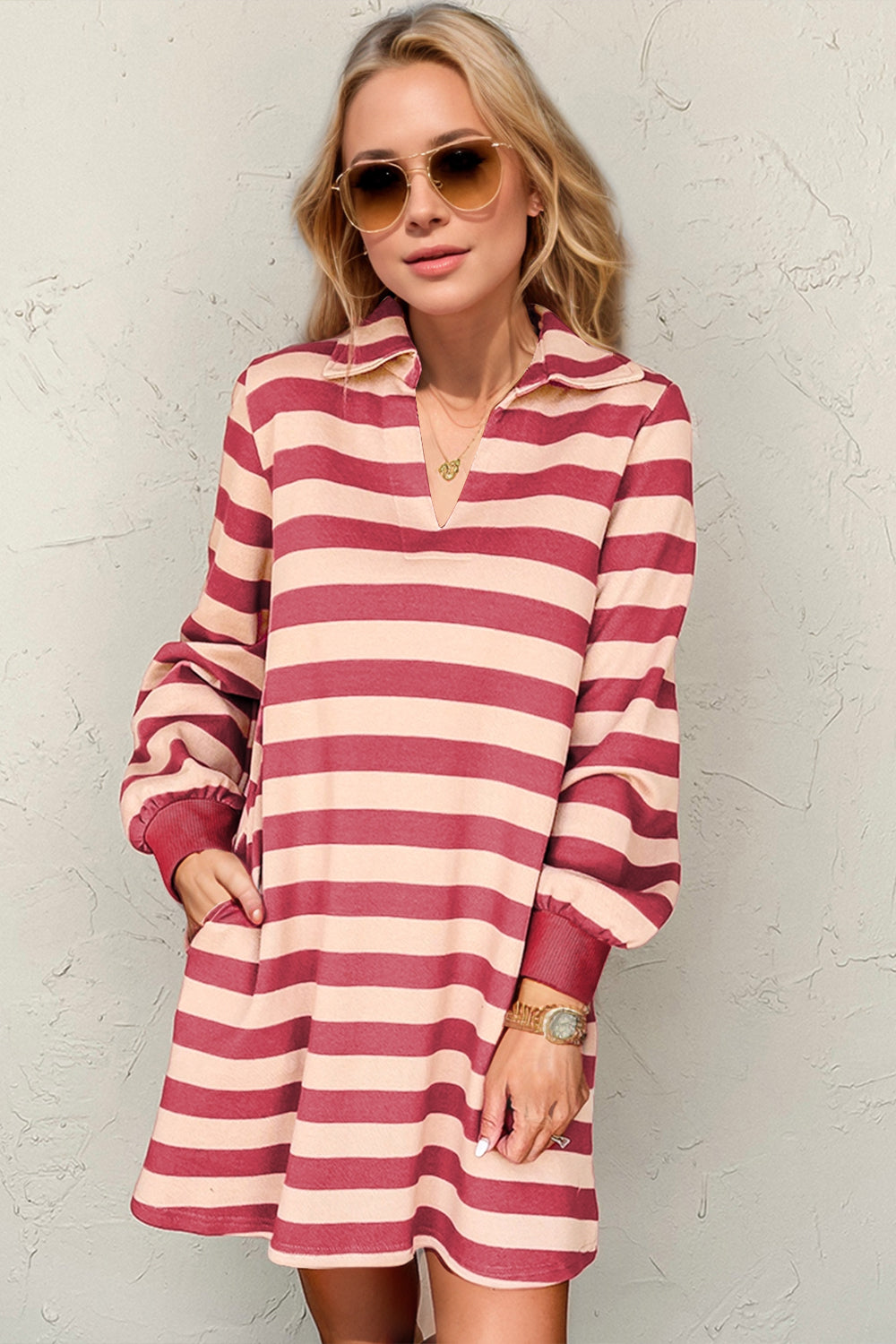 Deep Rose Full Size Striped Contrast Collared Neck Long Sleeve Dress Modern & Stylish Women’s Wear
