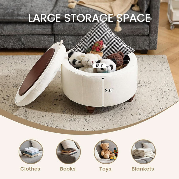 24 Inch Round Beige Storage Ottoman Removable TopWith Storage