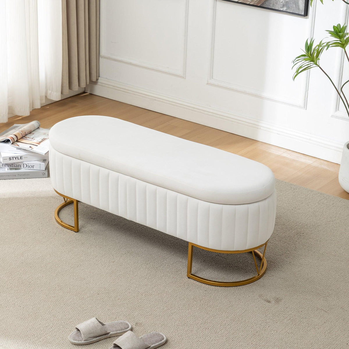 Storage Bench - Velvet Oval Upholstered Design