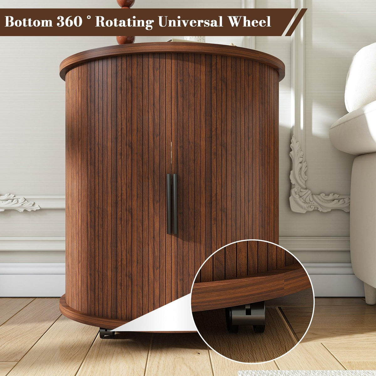 Walnut Mid-Century Modern Nightstand Set with Charging Station – Round Side Tables (Set of 2)