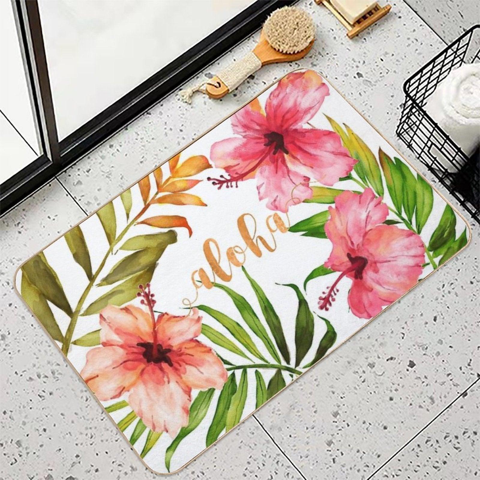 Aloha Tropical Hawaiian Floral Watercolor Bath Mat
