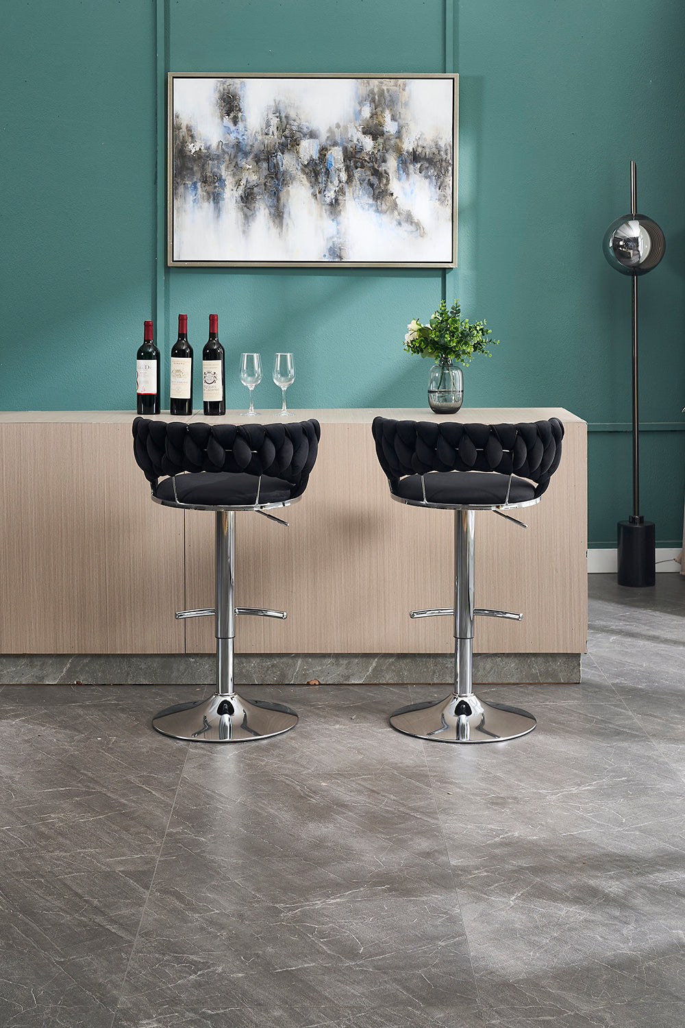 Set of 2 Bar Stools with Chrome Footrest & Base Swivel Height Adjustable Velvet