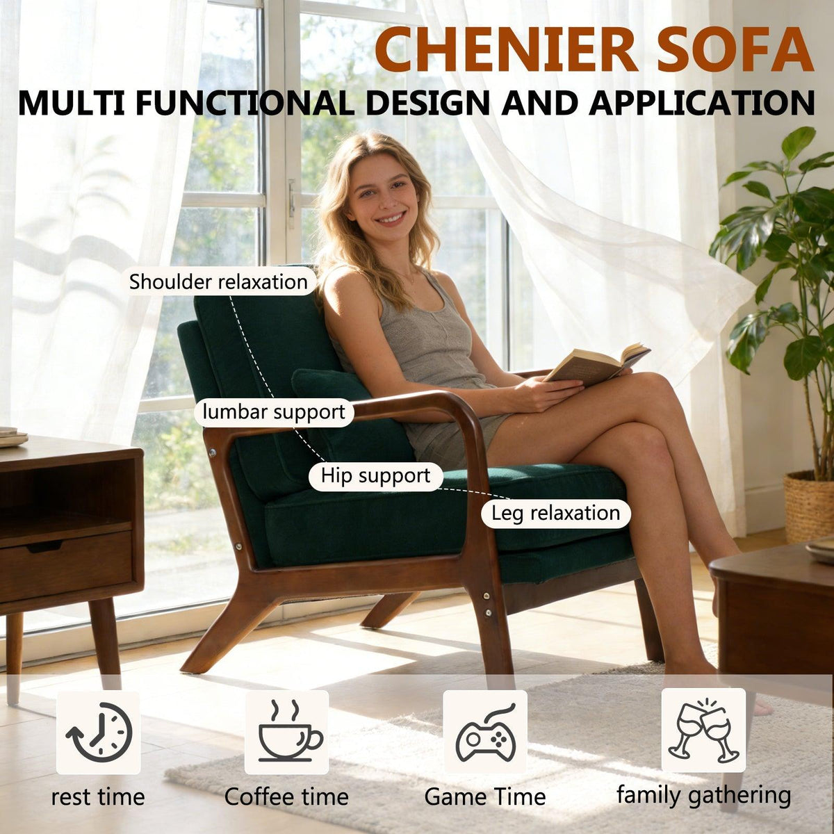Dark Green Mid‑Century Accent Chair