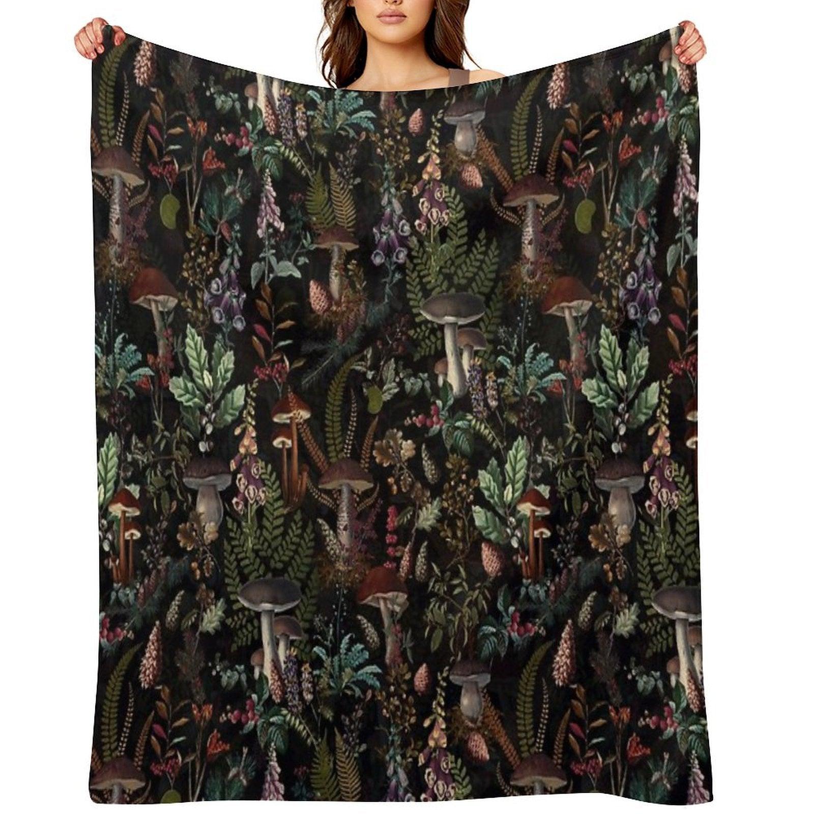Vintage Mysterious Mushrooms Forest Botanical Botanical Night Garden Pattern NightGarden Throw Blanket