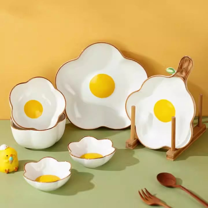 Creative Sun Egg Ceramic Bowl and Dish Set Cute Rice Bowl, Plate, Handle, Plate, Tableware, Home Breakfast Soup Plate