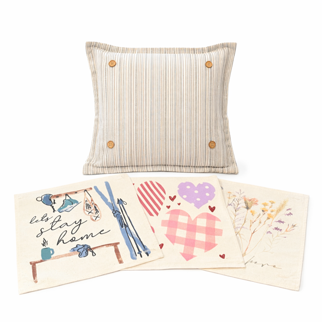 NEW! SQUARE BUNDLE SET: TICKING STRIPES PILLOW (comes with foam insert and these 3 panels in back pocket); throw pillow Winter : SKI BENCH, HEARTS, PRESSED FLOWERS