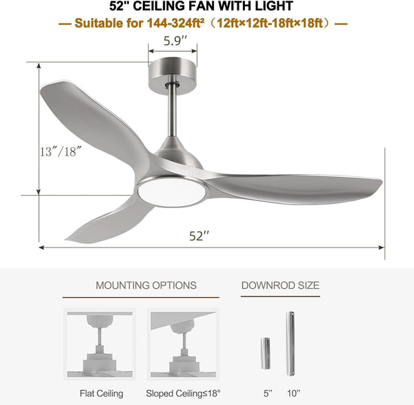 52 Inch Quiet DC Motor Ceiling Fan With LED Lights Remote Control