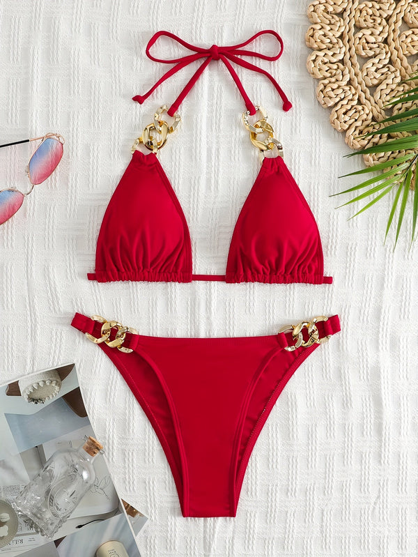 Luxe Chain Link Triangle Halter Bikini Set – Chic V Neck 2 Piece Swimsuit with Lace-Up Tie Back High Stretch Nylon Blend and Sleek Solid Color Finish – Women's Elegant Swimwear for Summer Beach & Pool Style