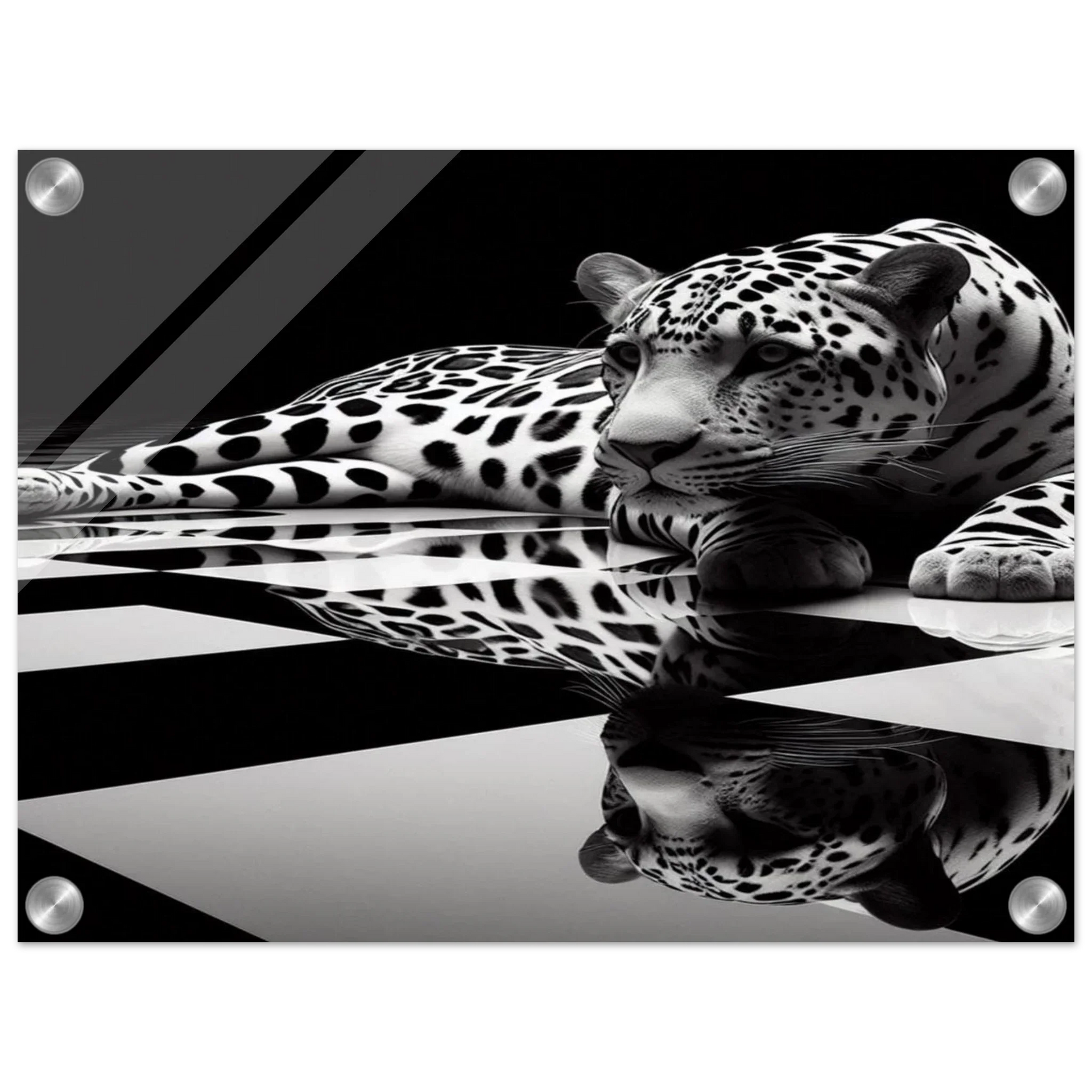 Leopard Acrylic Print on Black and White Checkered Floor – Glossy Finish Wall Art